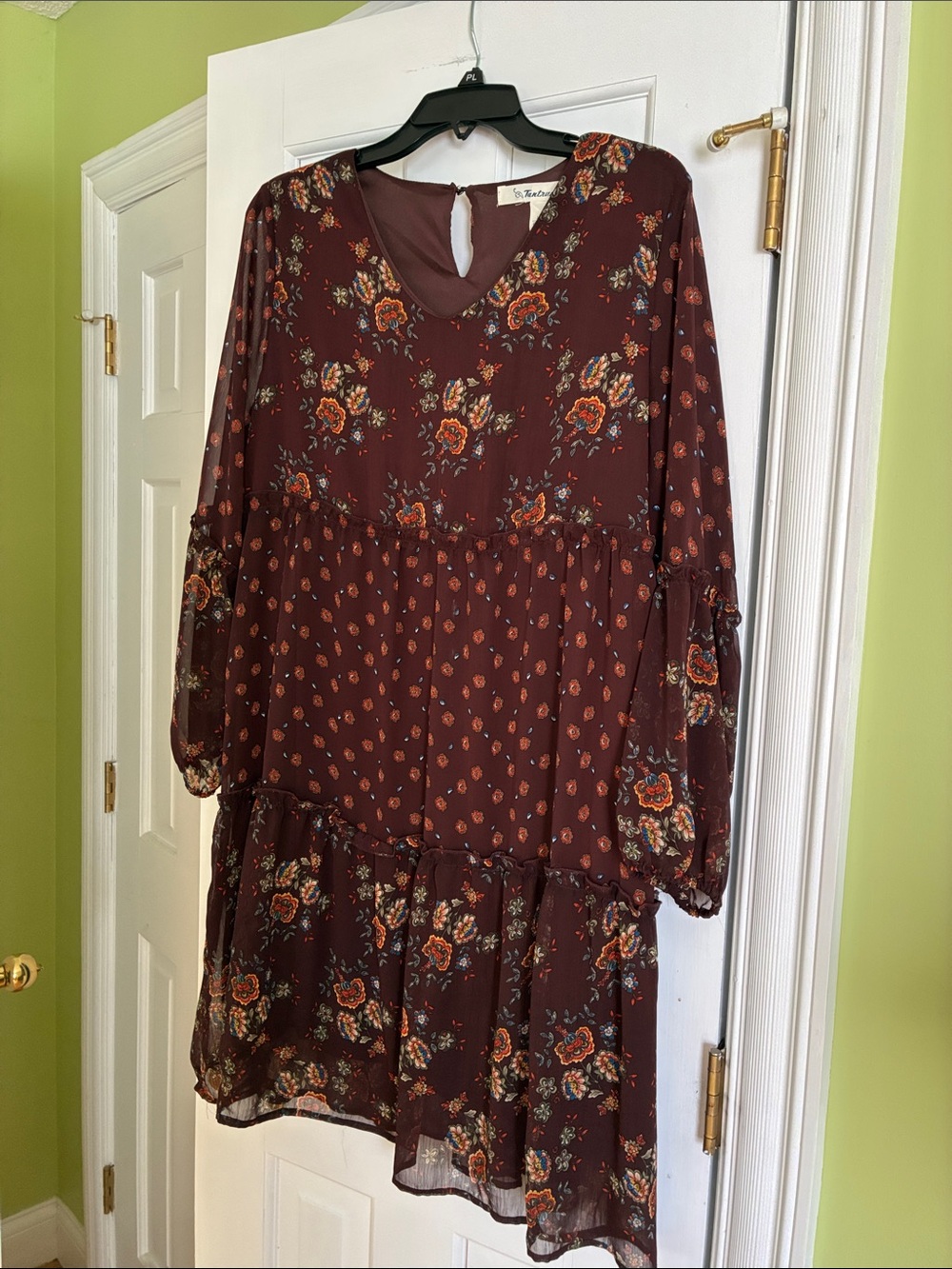Floral Tiered Chiffon Dress - Burgundy. Size L - Picture 6 of 8